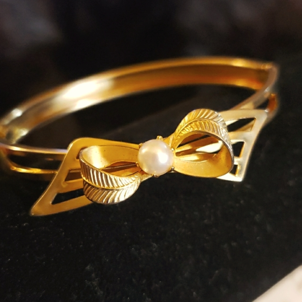 Victorian Revival Gold Plated  Hinged Bracelet with Bow and Cultured Pearl